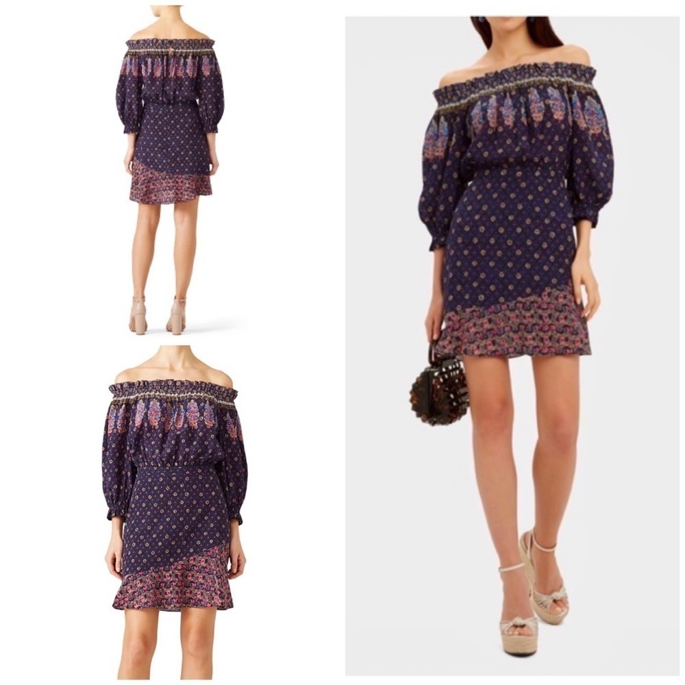 EUC SALONI Grace Abstract Floral Paisley Silk Off the Shoulder Dress 6​​​​​